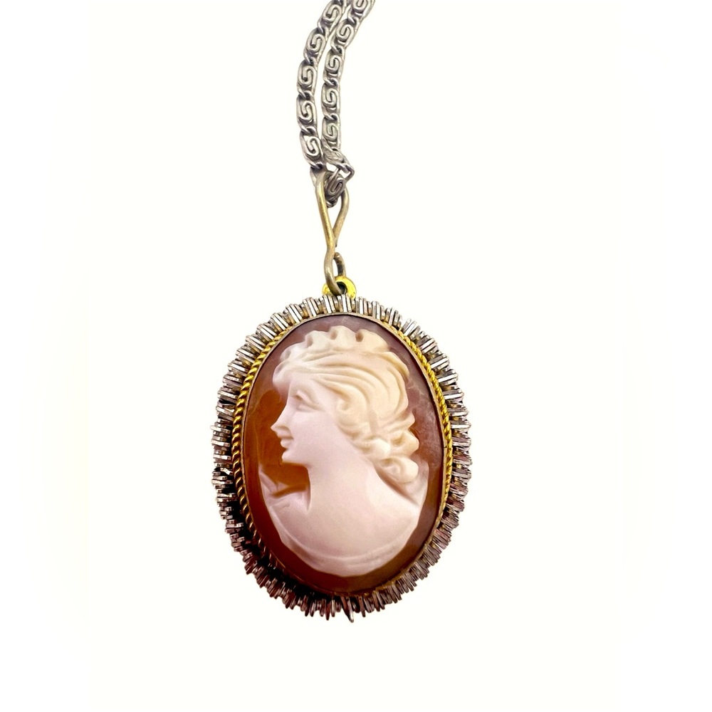 Vintage 800 Silver Cameo Necklace – Hand Carved Shell Portrait Gold-Plated Frame